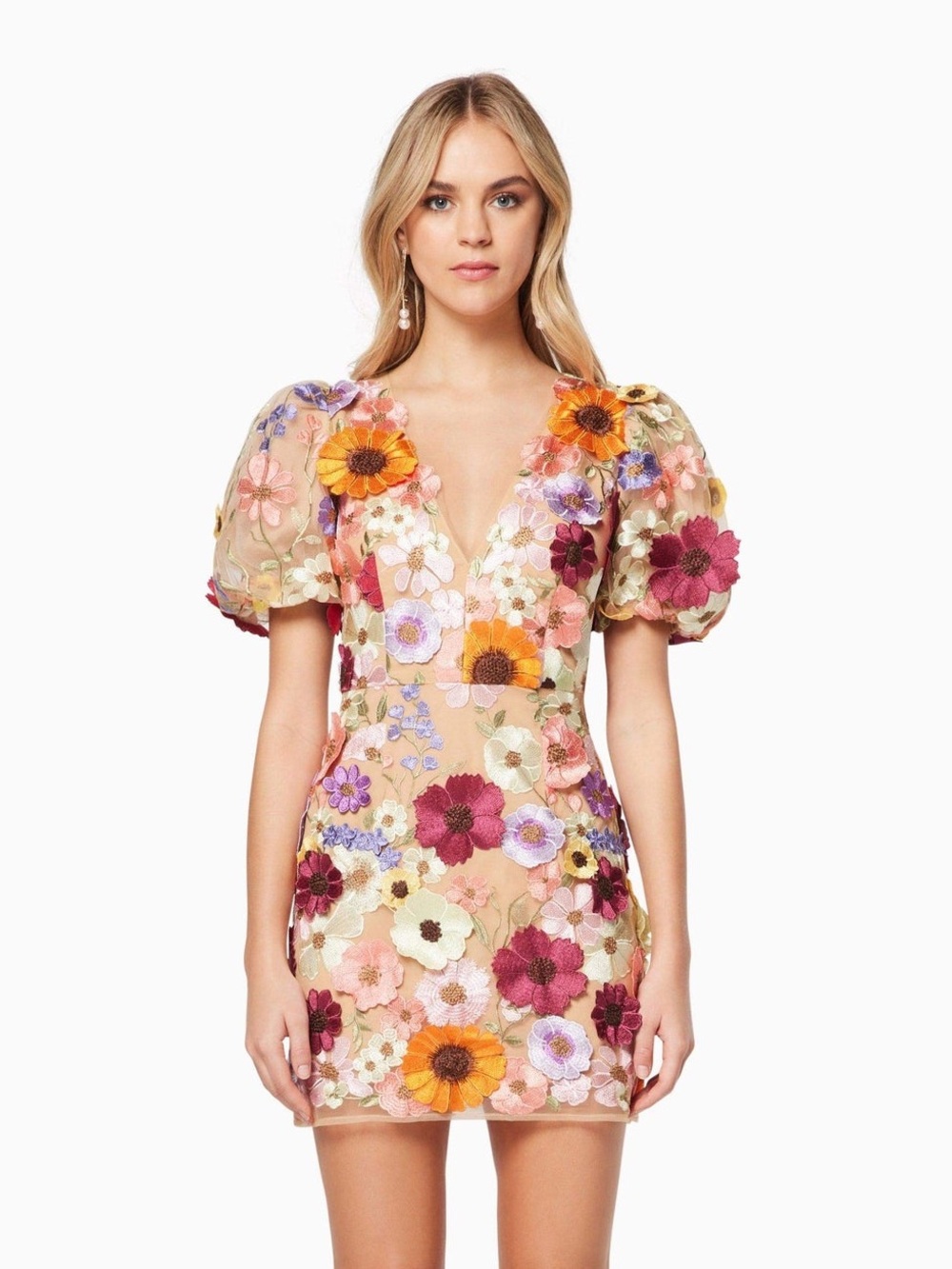 ELLIATT Rosalind 3D Floral Applique Mesh Puff Sleeve Mini Dress Multi XXS